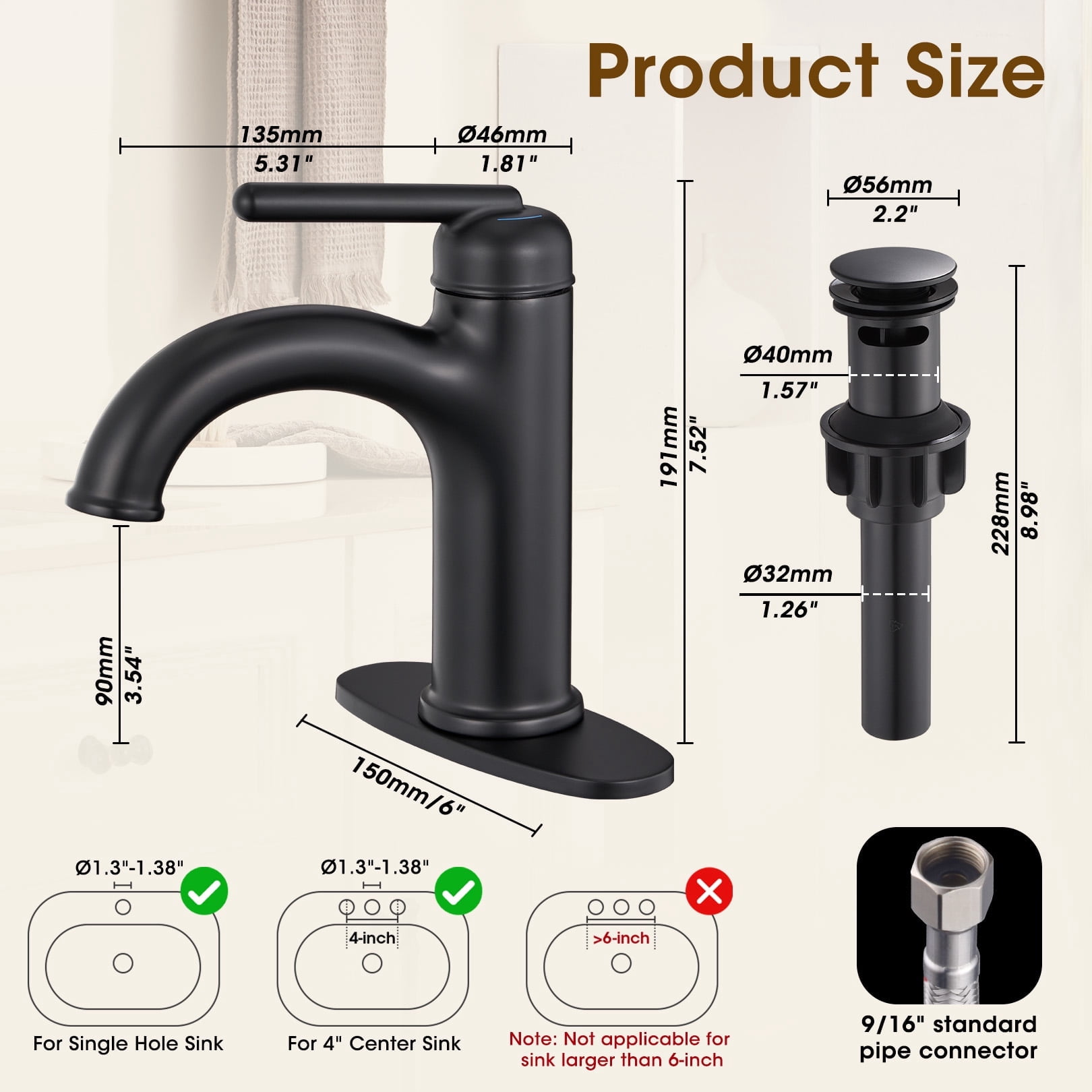 Wowkk Brass Bathroom Faucets Matte Black Bathroom Sink Faucets Single Handle Vanity Faucets Pop-Up Drain Included, Modern RV Faucet with Water Supply Line and Deck Mount 1 or 3 Hole