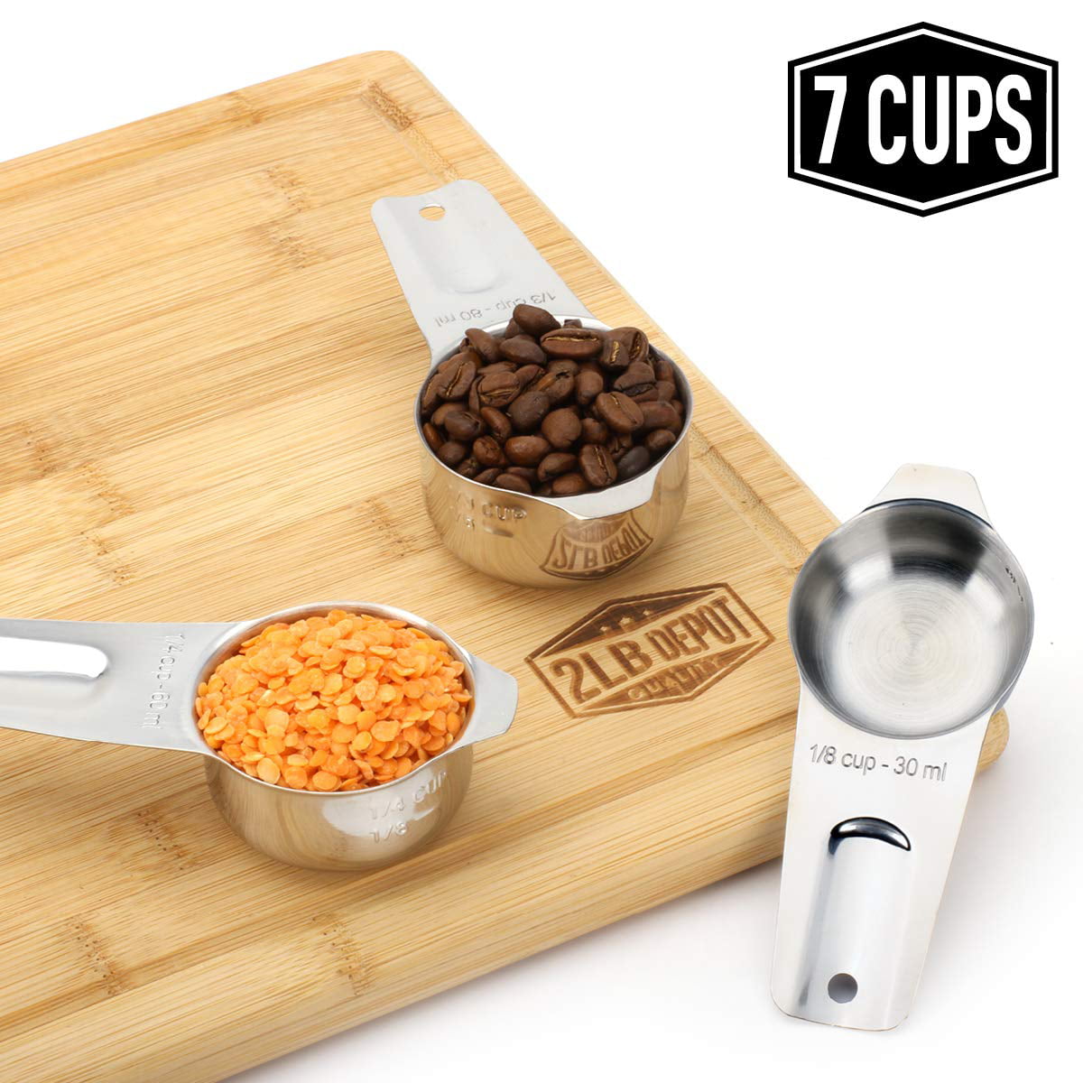 2 Set Measuring Cups Set Of 7 With 1/8 Cup Coffee Scoop, Stainless Steel  Metal Measuring Cup, 7 Pie