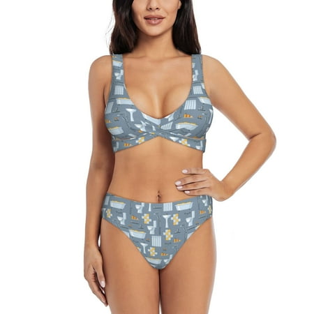 Balery Blue Bathroom Women s Bikini Set - Sexy Two Piece Swimsuit with Adjustable Straps and High Waisted Bottoms-Small