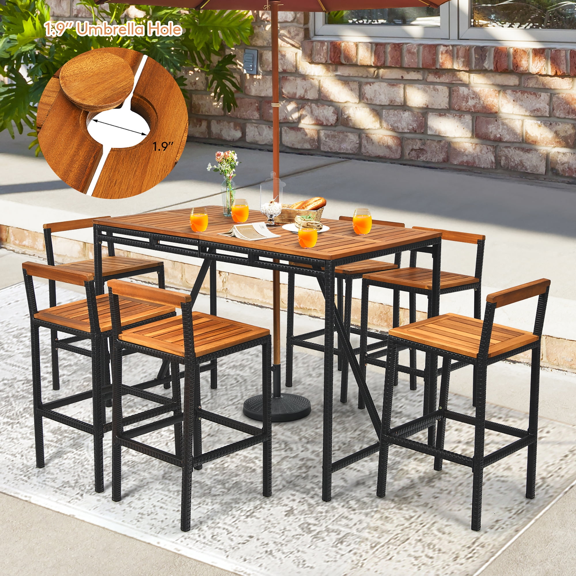 Costway 7PCS Patio Rattan Bar Set Acacia Wood Frame Stools Table Umbrella Hole Walmart