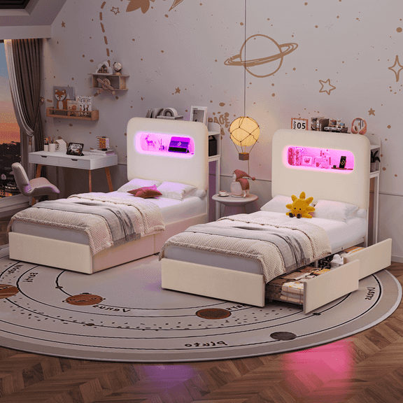 Homfa 2 Piece Twin Size Beds LED Bed Frame with Storage Headboard & USB Ports & Outlets, Velvet Upholstered Platform Bed Frame with 2 Drawers, Beige (Wooden Slats+2 Drawers+ 1-Tier Side Shelf)
