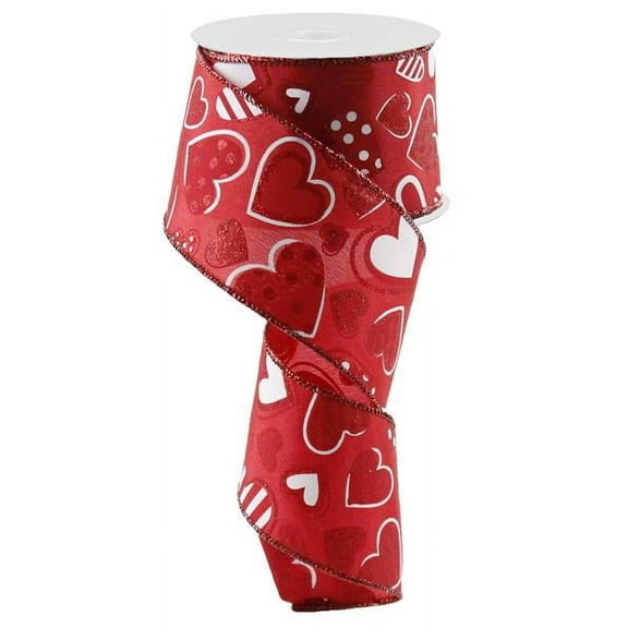 Patterned Hearts Wired Edge Ribbon, 2.5" x 10 Yards (Red, White)