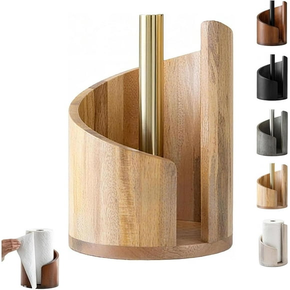 Mountain Paper Towel Holder Countertop with Mango Wood Round Base and Iron Holder, Wood Paper Towel Holders Countertop, Easy One-Handed Operation for Kitchen Bathroom (Natural Wood)