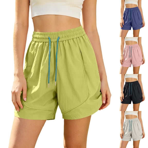 Women's High Waisted Nylon Dry Shorts with Side Pockets, Elastic Drawstring Waist, Tummy Control Workout Shorts for Women, Quick Dry for Running, Gym, Hiking & Casual | TruHer,Black L