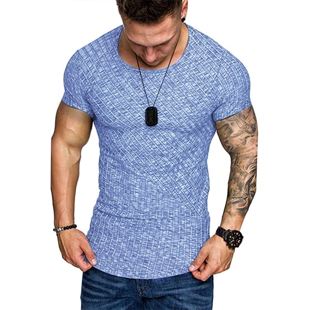 HIMONE Men Athletic Workout Shirt Sport Running Slimming Body Shaper Tee Tops Rib Knit Round Neck T-Shirts