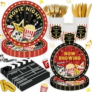 AXIALIN 120PCS Movie Night Party Supplies for Man Womam Movie Theme Birthday Party Decorations Hollywood Movie Star Party Tableware Set Plates Napkin Cups Set for 20 Guests