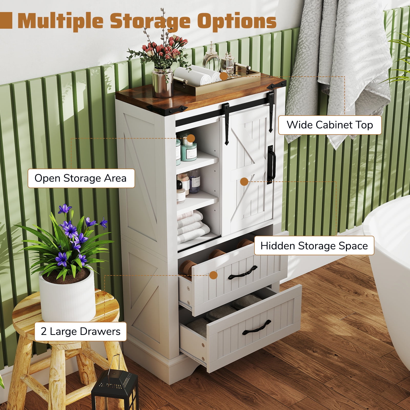 Gymax Farmhouse Bathroom Floor Cabinet w/Sliding Door Adjustable Shelves & 2 Drawers