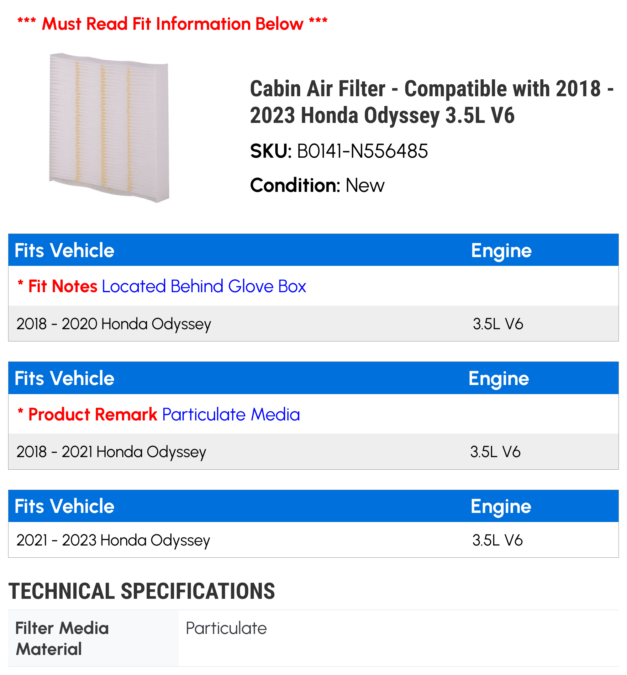Cabin Air Filter - Compatible with 2018 - 2023 Honda Odyssey 3.5L V6 2019 2020 2021 2022