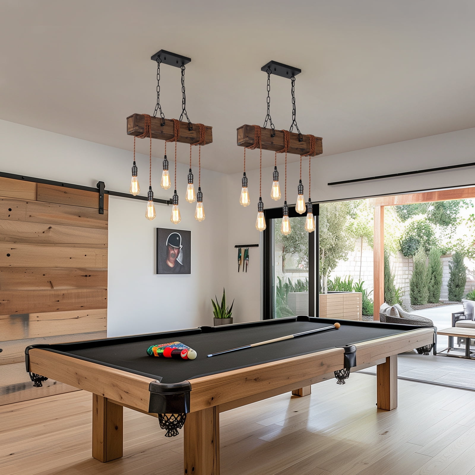 6-Light Farmhouse Chandelier Dining Room Light Fixture Over Table Hanging Wood Kitchen Island Light Fixtures, Black Chandelier Ceiling Pendant Light for Kitchen Island Living Room