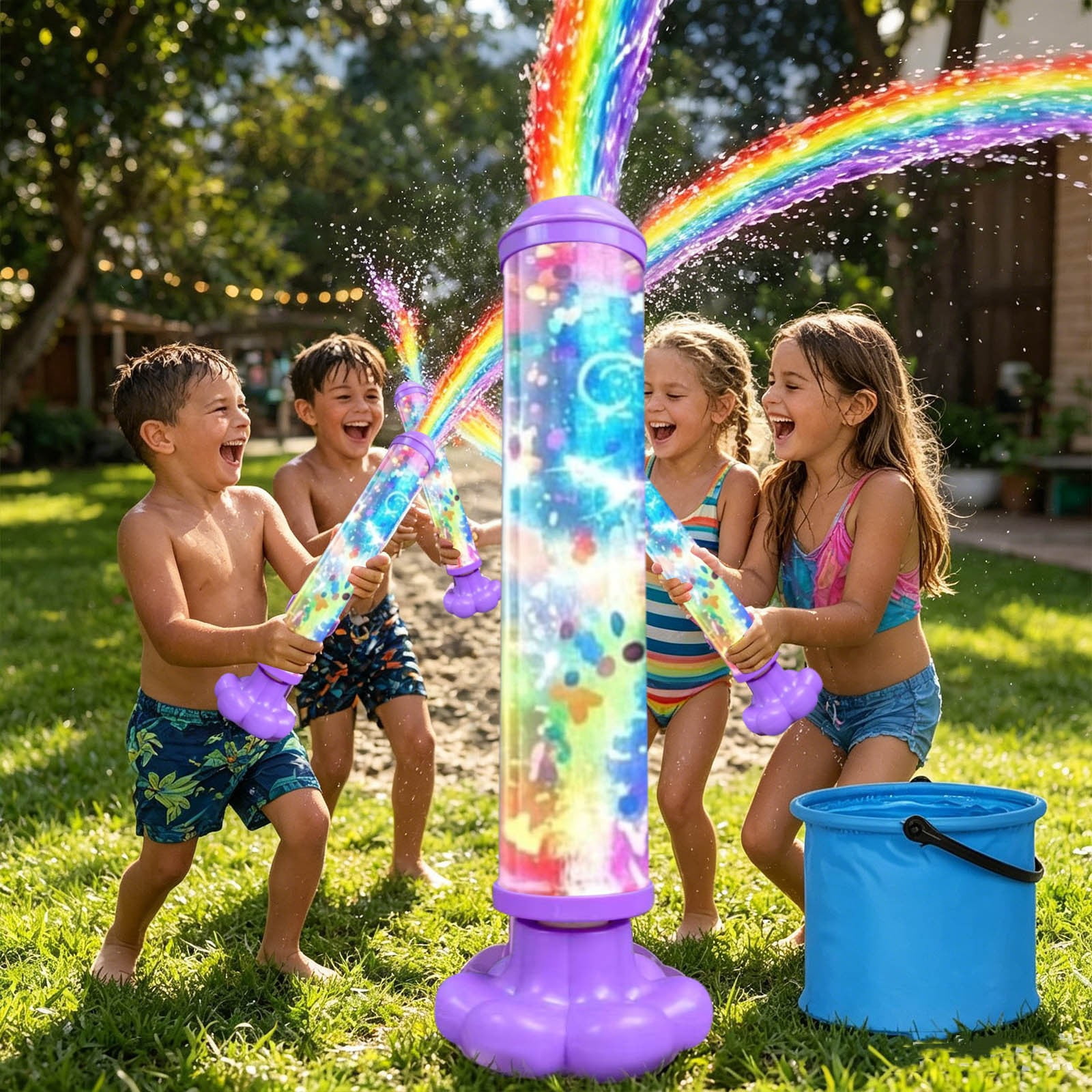 Glowing Rainbow LED Water Blaster | Summer Fun that Pops Like Magic, Fireworks Water Spray Gun with Lights, Pull Push Firework Water Blaster Toys for Outdoor Summer Water Games