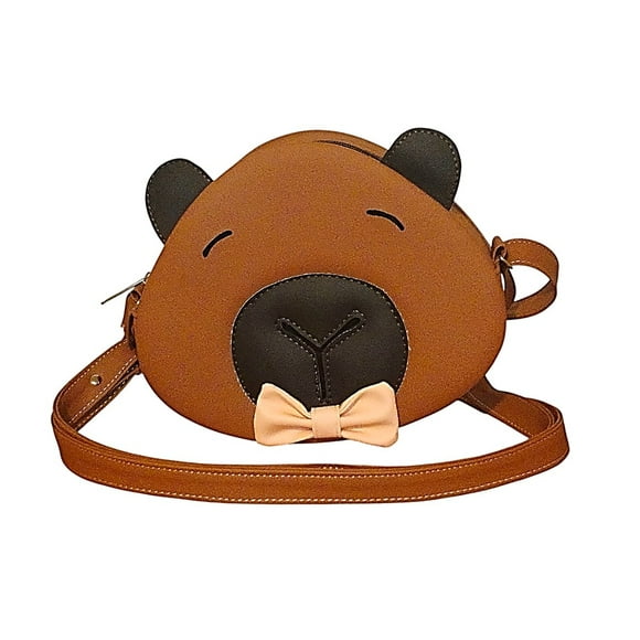 Bolsa de CAPIBARA o Carpincho, Chigüire, Chigüiro o Ronsoco, Diseño de Animalito, Moda Kawaii, Bandolera para Mujer, Cross Body, Correa Ajustable, Color Marrón con Moño Rosa, Novedoso y Encantador.