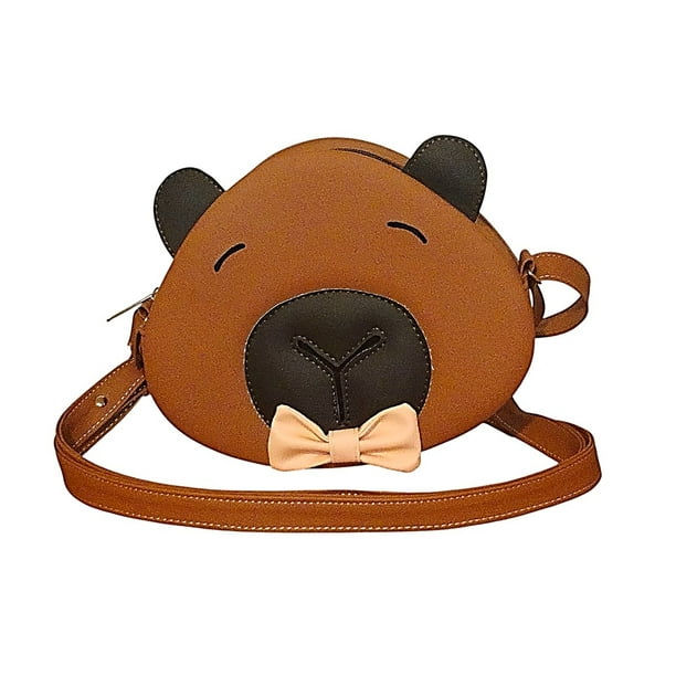 Bolsa de CAPIBARA o Carpincho, Chigüire, Chigüiro o Ronsoco, Diseño de Animalito, Moda Kawaii, Bandolera para Mujer, Cross Body, Correa Ajustable, Color Marrón con Moño Rosa, Novedoso y Encantador.