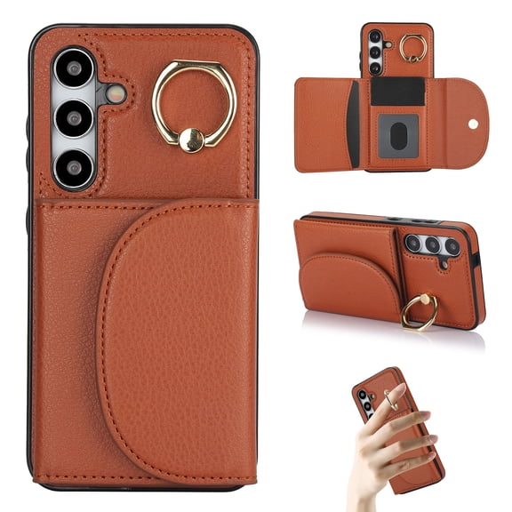for Samsung Galaxy S24 FE Wallet Case with Card Holder Women Men, Flip PU Leather Kickstand Shockproof Protective Phone Cover Magnetic Clasp 360 Rotation Ring Stand for Samsung S24 FE, Brown