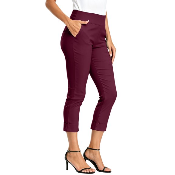 PEIBang Women's Wide Elastic High Waist Capri Dress Pants,Cuffed Hem Slim Fit Pocket Office Casual Trousers Red XXXL