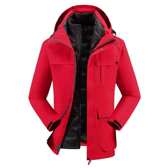 Herrnalise Men's Detachable Cap Waterproof And Windproof Thick Three-in-one Jacket Outdoor Sports Warm Jacket Red