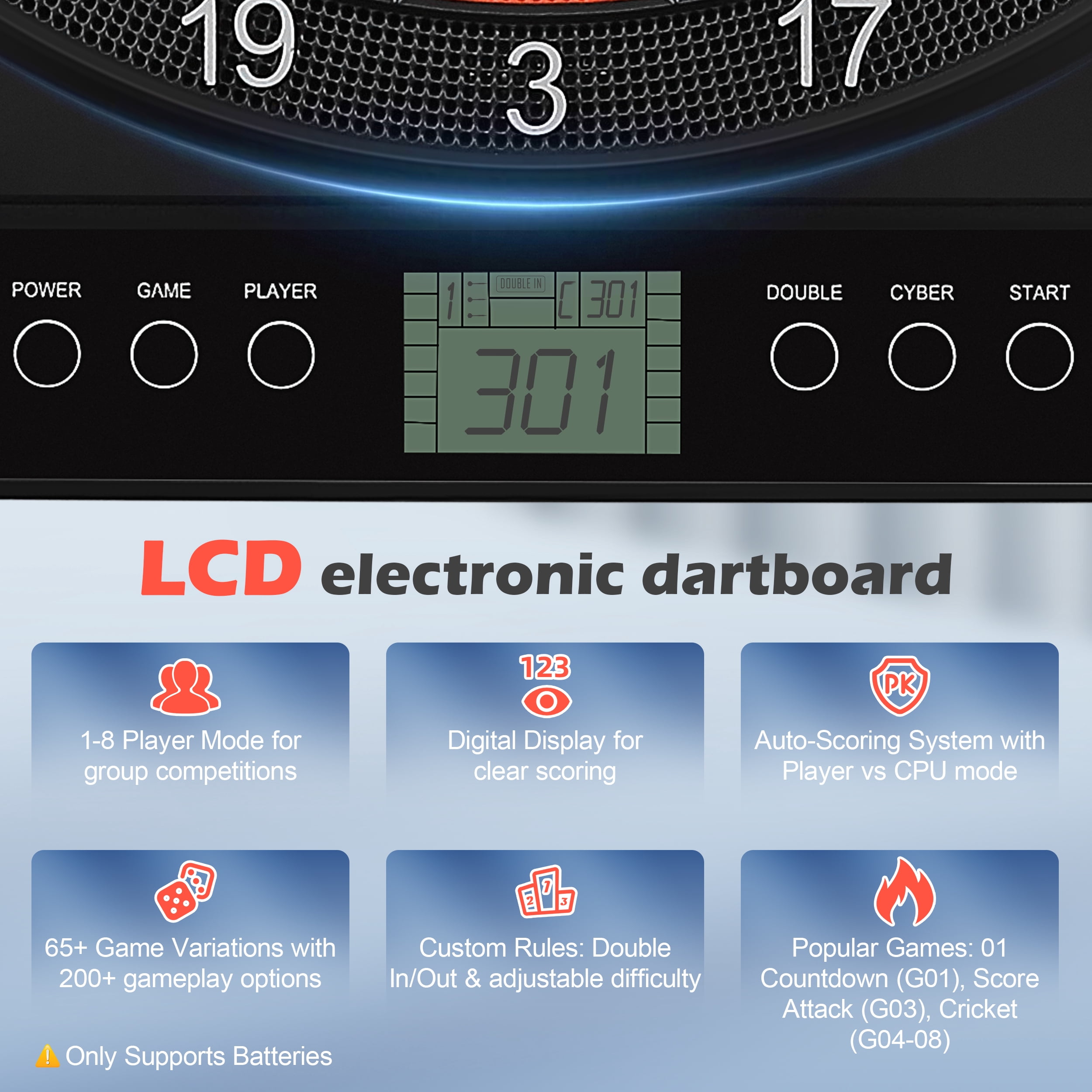 AMTPM Electronic Dart Board, Dart Board Electronic Scoreboard for 8 Players, 6 Darts Plastic Tips, Dartboard Set 65 Games, 200+ Variants Digital Electric Dart Boards, Battery