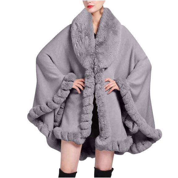 Xfvqtps Women Cape Faux Fur Collar Cloak Plush Edge Open Front Solid Color Large Size Loose Thickened Windproof Coldproof Warm Winter Long Coat Gray
