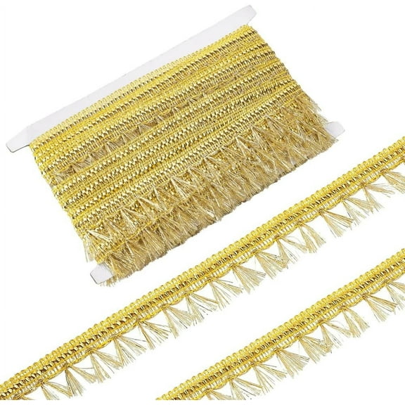 15 Yards Golden Metallic Lace Trim with Short Tassel 1-1/8 inch Wide Polyester Metallic Ribbons Chainette Fringe Sewing Trim for Clothes Curtain Pillow DIY Craft Decoration