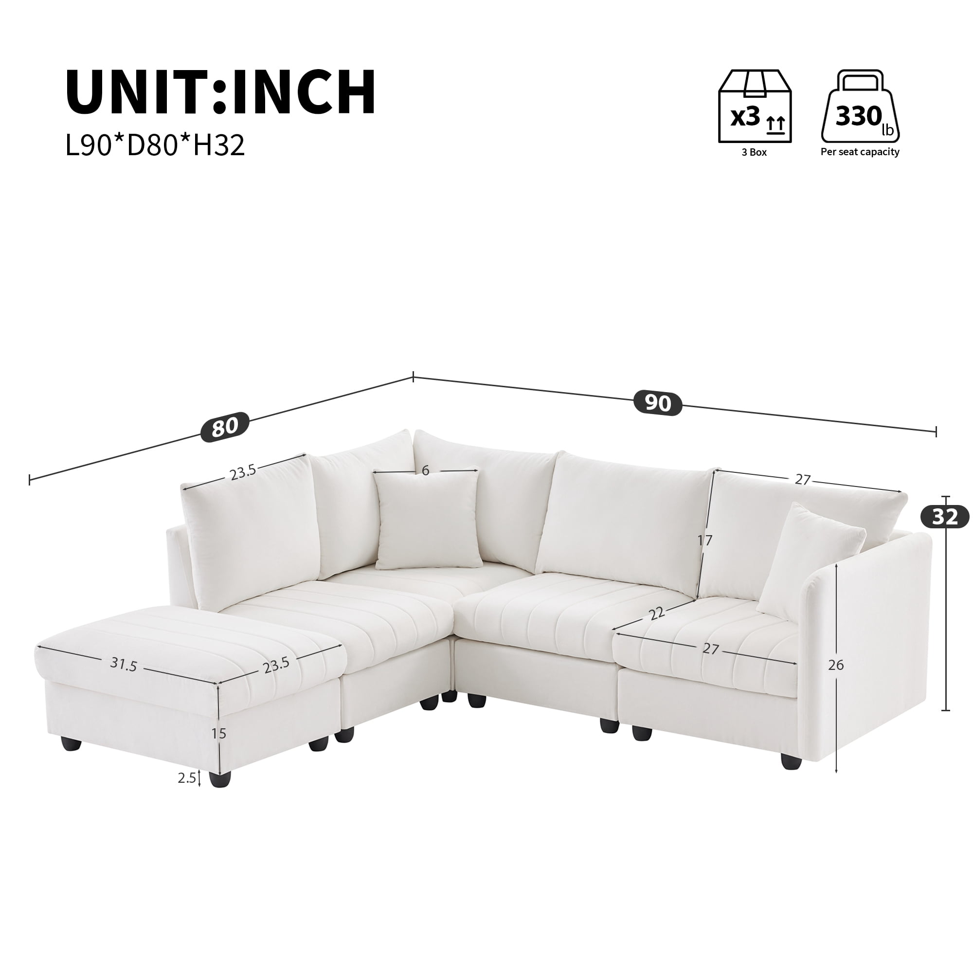 MAYEERTY 90"×80" 5-Seat L-Shaped Modern Sectional Sofa - With Ottoman & Pillows, 3 Color Options