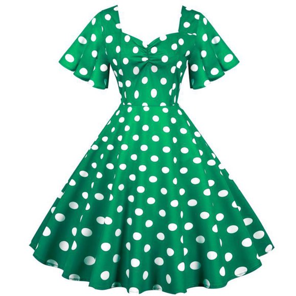 Leutsin Ladies Polka Dot Puffy Short-Sleeved V-neck High-Waisted Party Dress