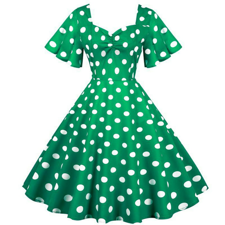 Hfyihgf Womens Vintage Cocktail Dresses 50s 60s Retro Polka Dot Rockabilly  Swing Dress Ladies Puffy Short Sleeves Prom Party Dress(Green,M)