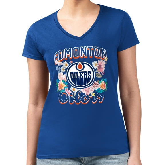 Women's G-III 4Her by Carl Banks Royal Edmonton Oilers Super-Slim Fit Lightweight Flower Logo V-Neck T-Shirt