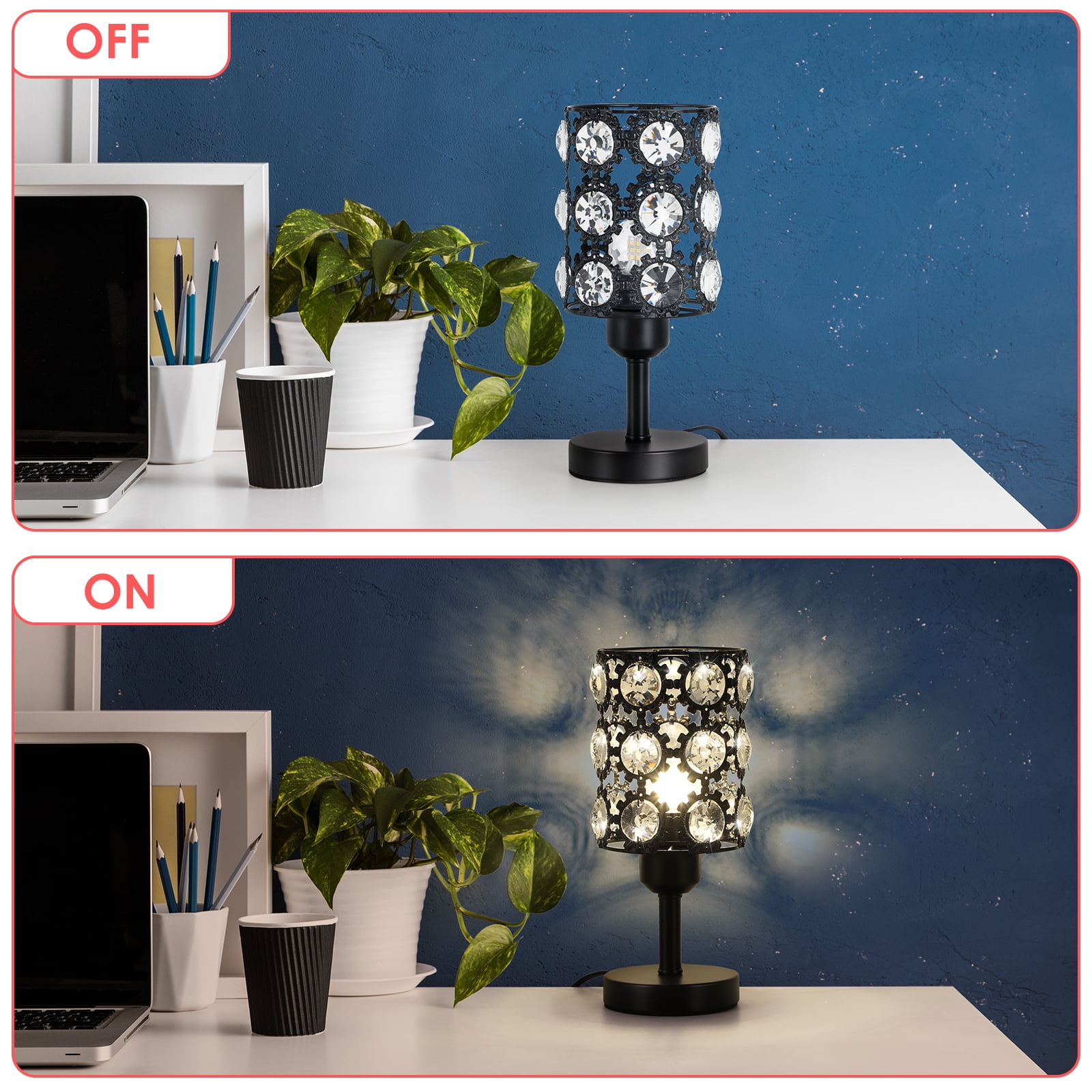 2-Pack Sunflower Black Crystal Table Lamps - Decorative Black Metal & Crystal Shade Lamps for Bedroom & Living Room