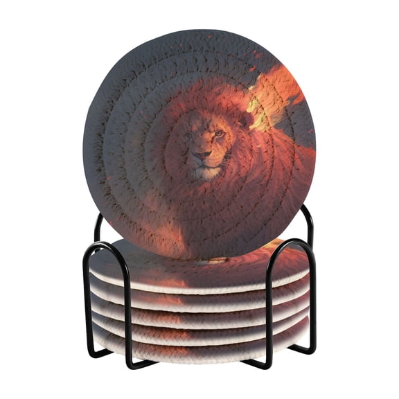 Lion and Fire 6 Pcs Drink Coasters with Holder Absorbent Coasters Woven Coasters for Drinks Table Desk Protection Home Decor
