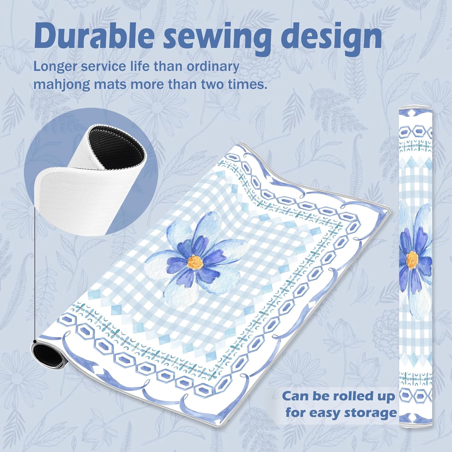 Blue Plaid Floral Mahjong Mat 31.5 x 31.5 Inch, Grandmillennial Flower Checkered Non-Slip Noise Reduction Mahjong Table Mat for American Mah Jong Poker Card Board Games Dominoes
