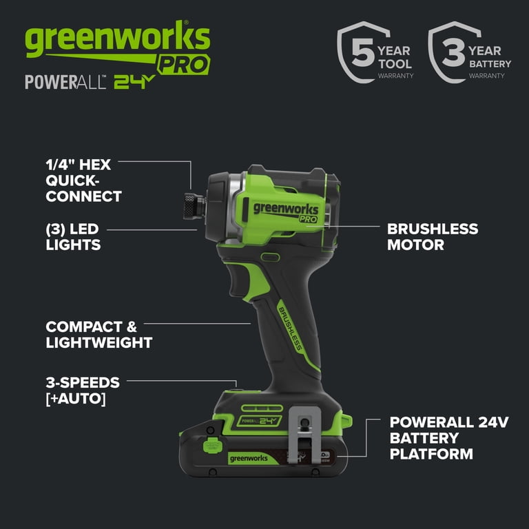 Greenworks Pro PowerAll 24V 2,200 In-Lb Impact Driver, with 2.0 Ah