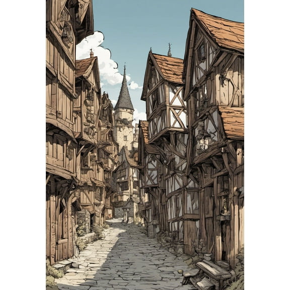 Medieval Village Digital Fantasy Illustration - 12" x 18" Art Print Wall Decor