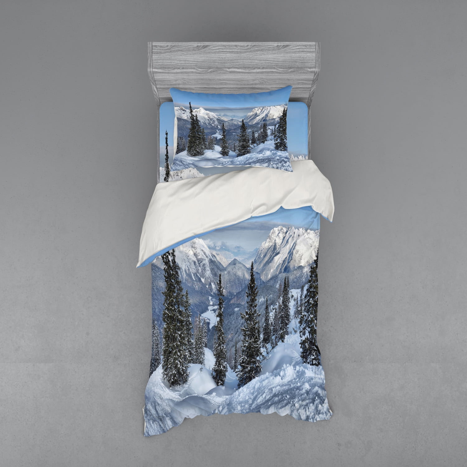 Winter Duvet Cover Set, Epic Cold Landscape Snowy Pine Trees in