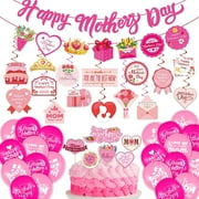 Mothers Day Decorations 64PCS Happy Mothers Day Banner with Banner Balloons Cake Topper for Mother's Day Party