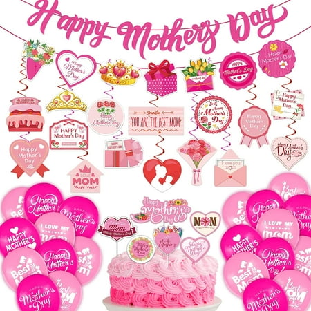 Mothers Day Decorations 64PCS Happy Mothers Day Banner with Banner Balloons Cake Topper for Mother's Day Party