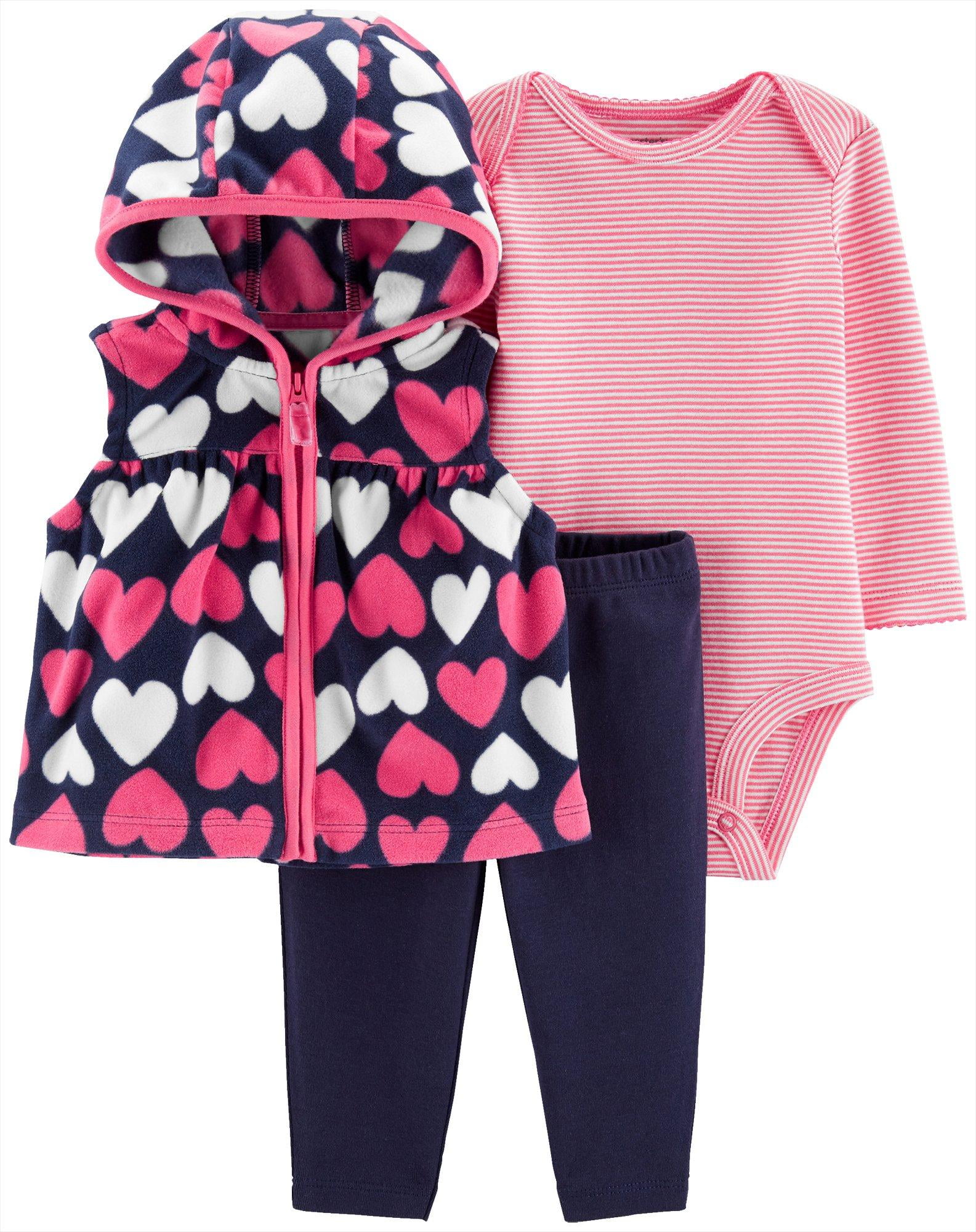 Carter s Carters Girls 0 24 Months Heart 3 Piece Vest Pant Set Pink