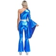 thumbnail image 4 of inlzdz Womens Shiny Metallic Disco Outfits One Shoulder Flared SlJumpsuits Royal Blue L, 4 of 7