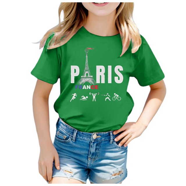 LUOGENLI T-Shirt pour Filles Enfants Thème 2025 Mode Imprimé Manches Courtes Col Rond T-Shirt Hauts Chemises pour Filles Longueur Genou Travail Vert 6-7 Ans