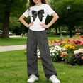 thumbnail image 4 of Zpanxa Girl Outfits Sets Girls Denim Bow Graphic Tee and Cargo Wide Leg Pants Set 2 Piece Casual Outfit, 4 of 7