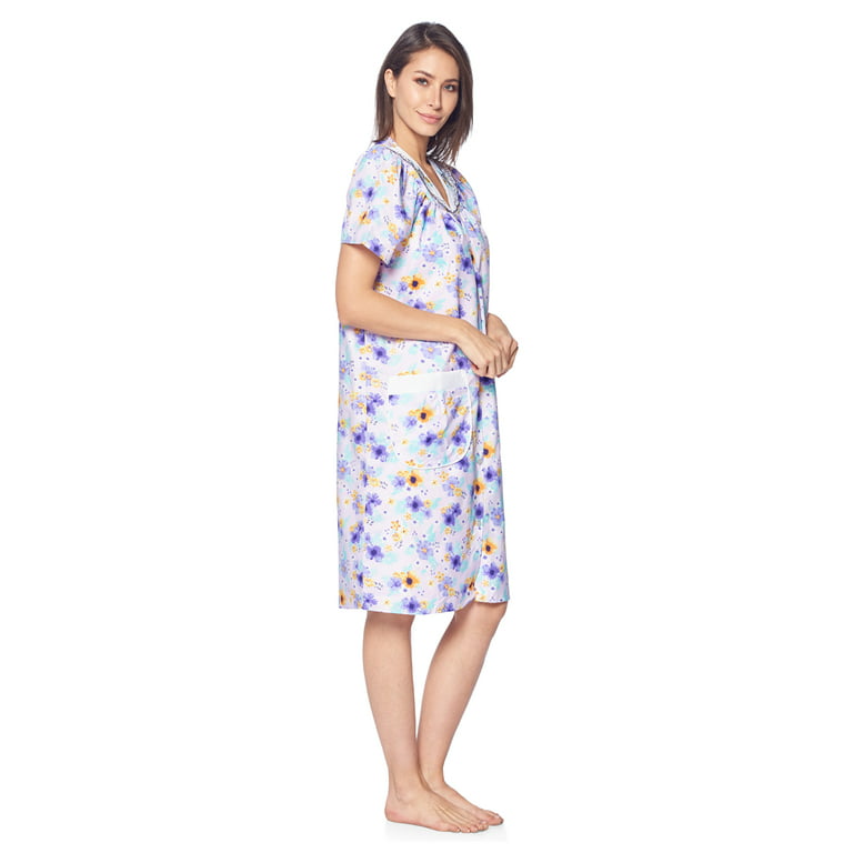 Casual Nights Women's Snap Front House Dress Short Sleeve Woven Duster  Housecoat Lounger Sleep Gown