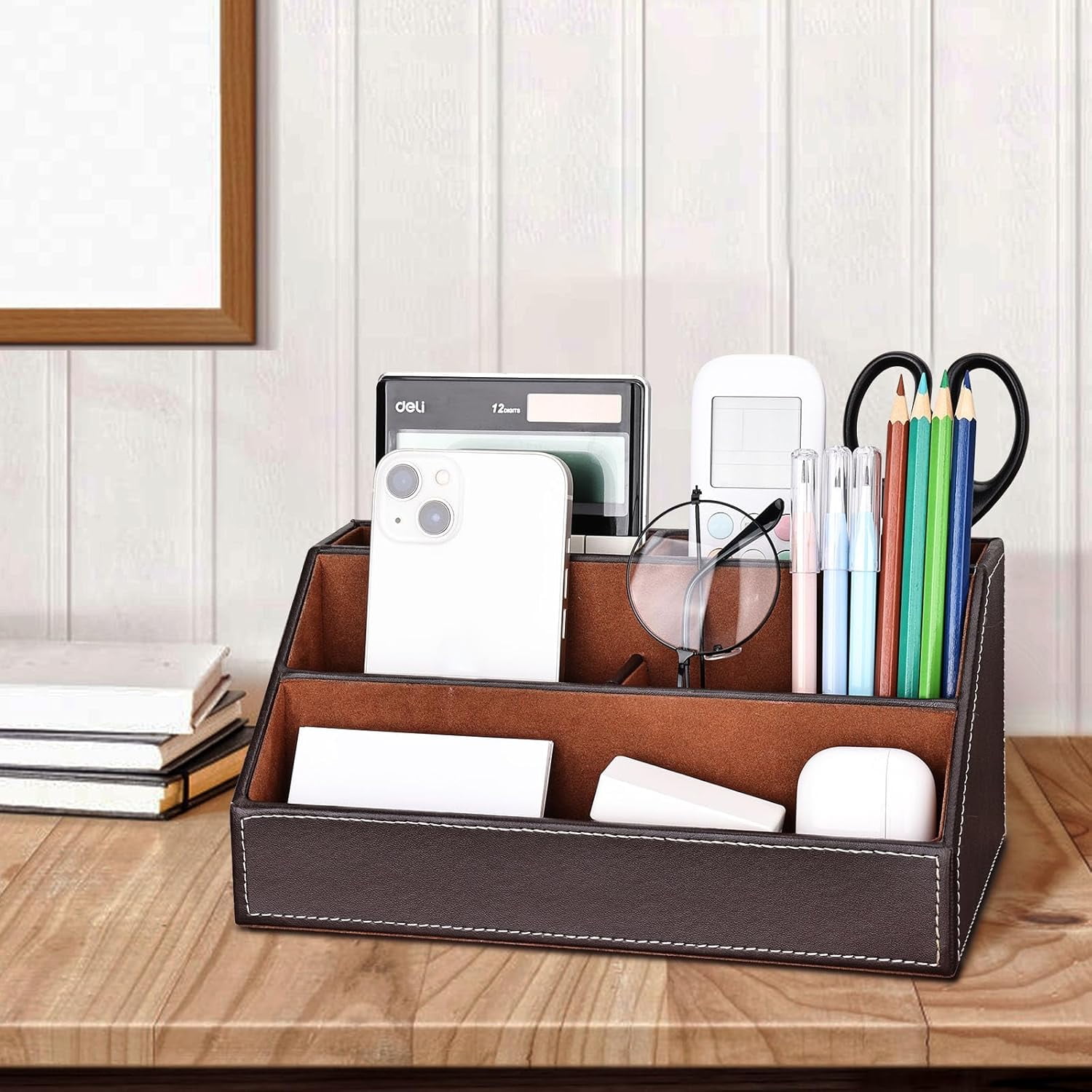 5PCS Desk Organizer and Accessories Set, Pu Leather Office Supplies with Multifunction Desktop Organizer Storage Box, Tissue Holder, Mouse Pad, Note Paper Holder, Pencil Holder for Desk Brown