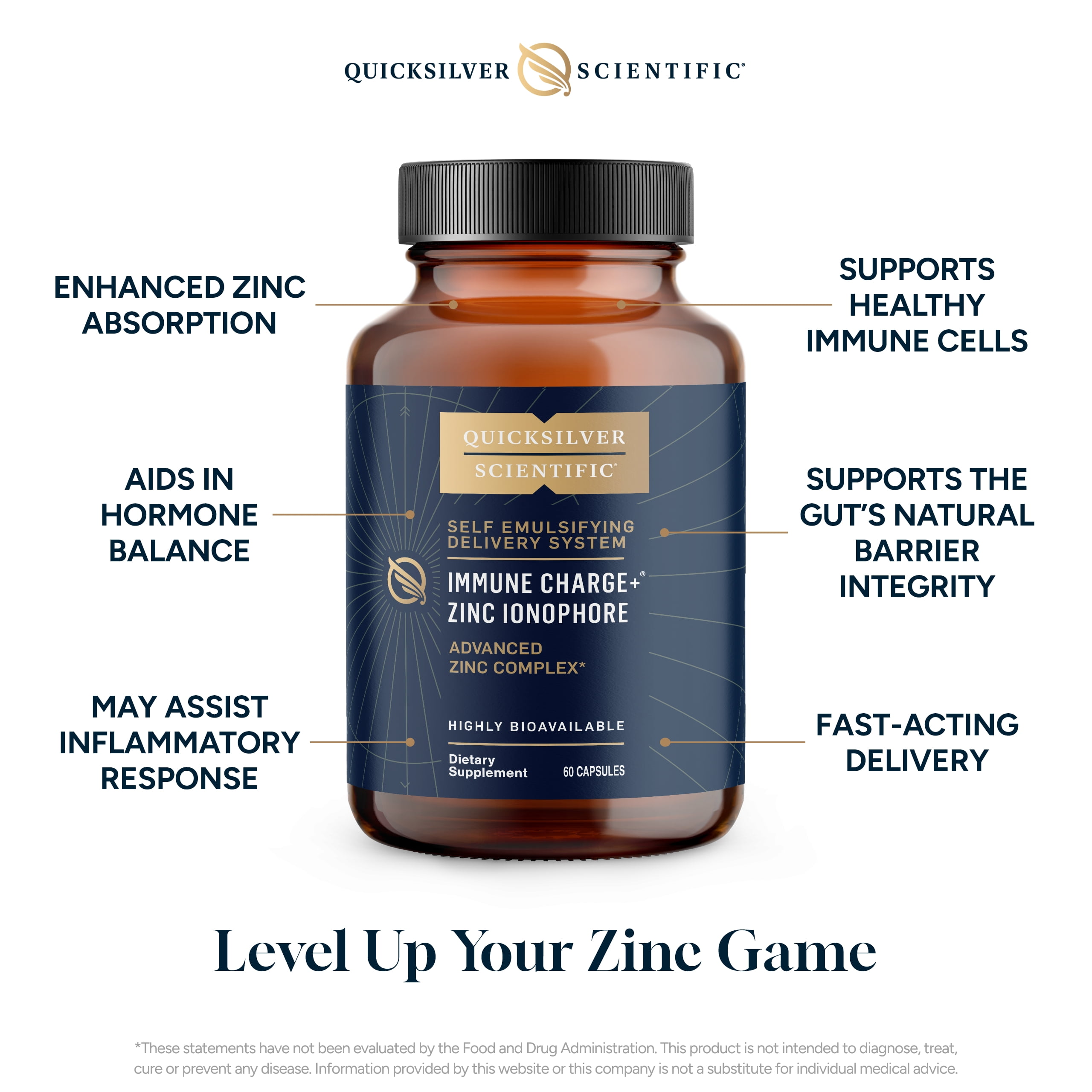 Quicksilver Scientific Immune Charge+ Zinc Ionophore - Zinc Supplement Complexed with Quercetin, Luteolin, Hesperetin Immune + GI Support (60 Capsules)