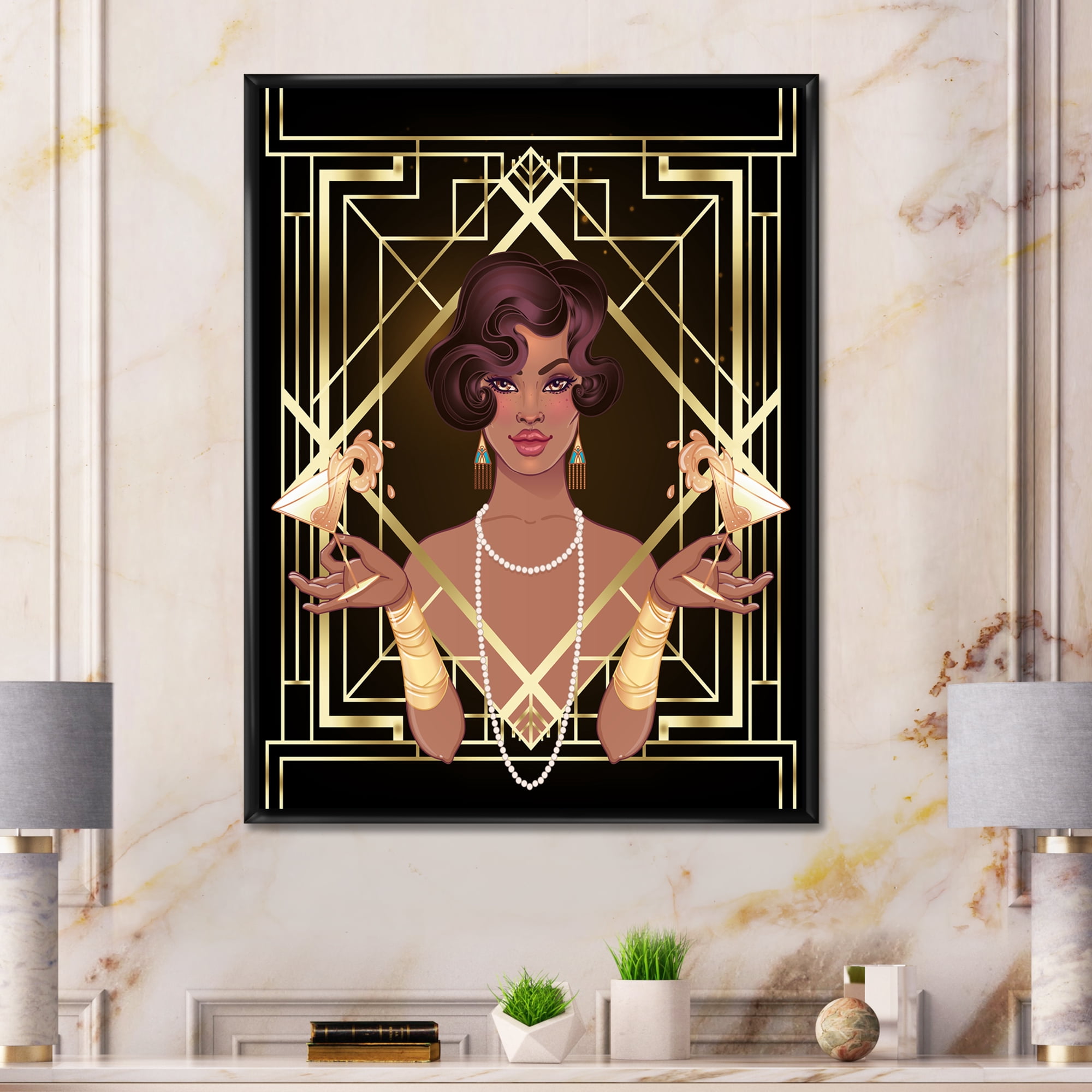 Designart 'Retro Girl In Golden Art Deco Geometrics I' Modern Framed Canvas Wall Art Print
