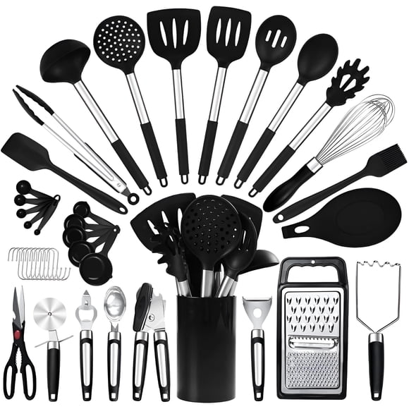 Ensemble de 40 Ustensiles de Cuisine en Silicone 446℉ Résistance à la Chaleur, Sans BPA RFAQK pour Ustensiles de Cuisine Antiadhésifs, Gadgets Inclus Ouvre-Boîte