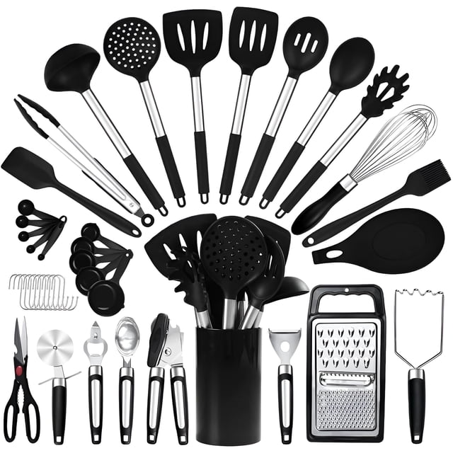 40PCs Silicone Cooking Utensils Set 446℉ Heat Resistance, RFAQK BPA Free Kitchen Utensils Set for Nonstick Cookware, Gadgets Includes Can Opener