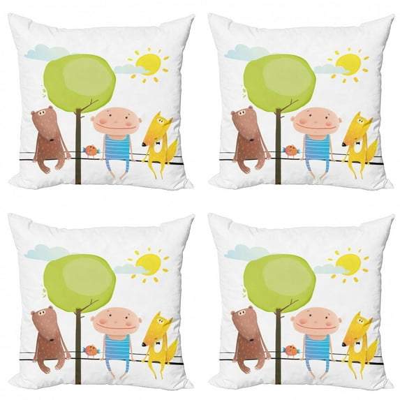 Doodle Throw Pillow Cushion Case Pack of 4, Childish Graphic of Bear Fox Bird and Child Sit on a Wire in a Sunny Day, Modern Accent Double-Sided Print, 4 Sizes, White and Multicolor, by Ambesonne