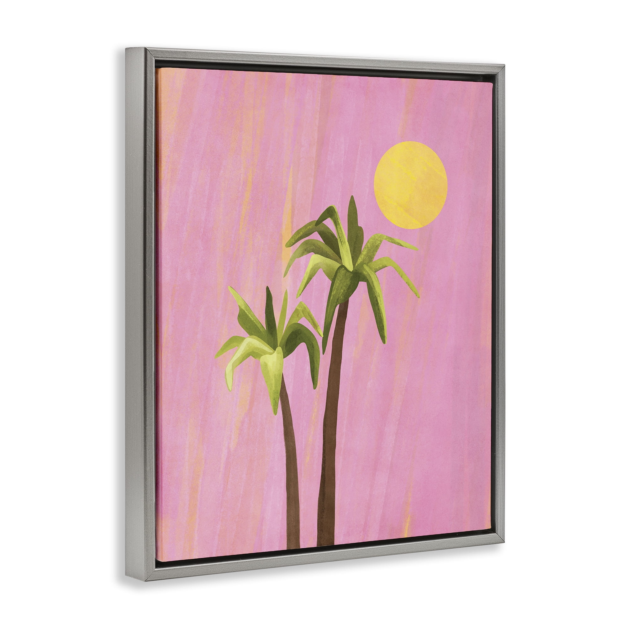 Stupell Industries Sunny Palm Trees Pink Plants & Flowers Painting Gray Floater Framed Canvas Art Print Wall Art, 17 x 21