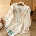 thumbnail image 2 of Jsaierl Womens 3/4 Length Sleeve Cotton Linen Tops Casual V Neck Shirts Dressy Print Petite Embroidery Blouses Going Out Vacation Tunic Top M-2XL, 2 of 4