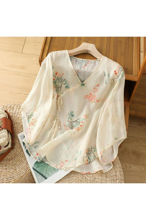 Women's Summer 3/4 Sleeve Cotton Linen Top Vintage Embroidered Shirt 2025 Women Casual V Neck Boho Peasant Tee Blouse