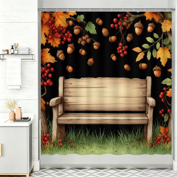Rustic Autumn Shower Curtain A wooden bench sitting in the middle of a grassy field 72 By 72 Inch Tub Curtain