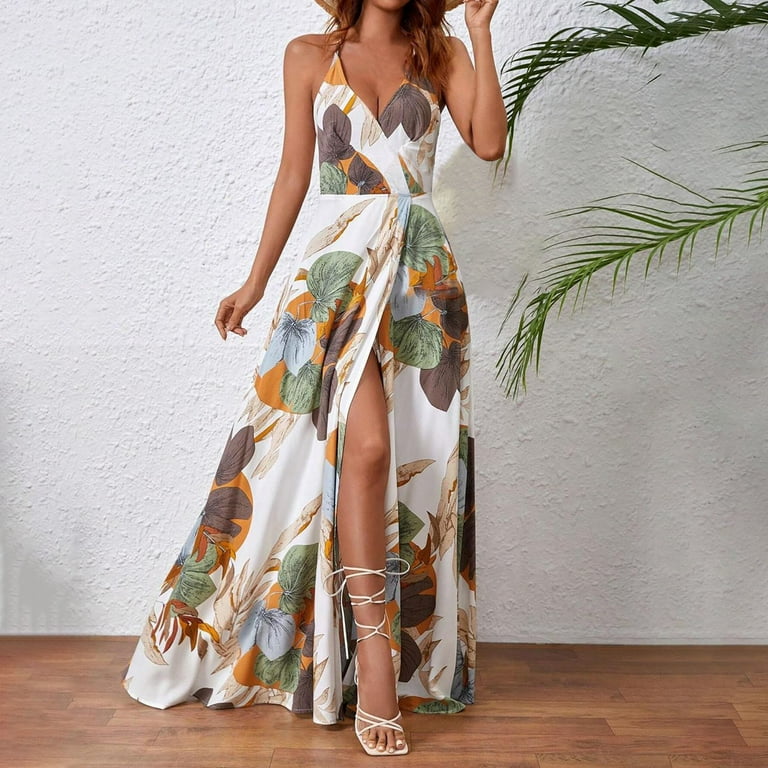 GYEDTR Womens Summer Dress Hawaiian Maxi Dresses Holiday Dresses For Women  Floral Print V Neck Side Split Long Dresses Boho Sleeveless Evening Party  Beach Sundress XXL - Walmart.com